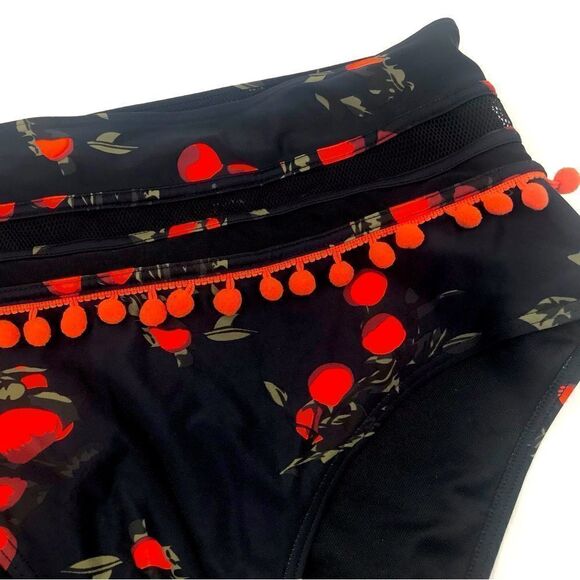 Cocoship Black Red Floral PomPom Trim High Waisted String Bikini - Picture 7 of 15